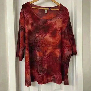 Catherines Blouse Women Size 3XWP Red Velvet Burgundy Flower Retro Artsy Rustic